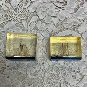 Lot of 2-1950s Vintage, Rare, Acrylic Lucite Gold Sailboat-Ship Paperweight  (F0